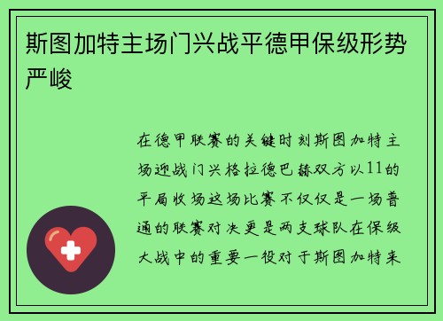 斯图加特主场门兴战平德甲保级形势严峻