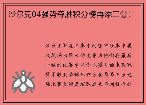 沙尔克04强势夺胜积分榜再添三分！
